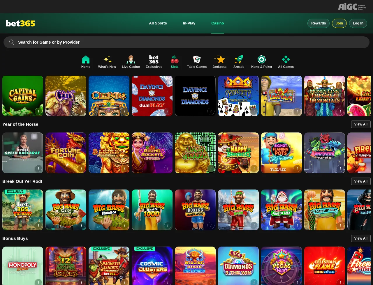 Bet365 Casino slots lobby with game tiles