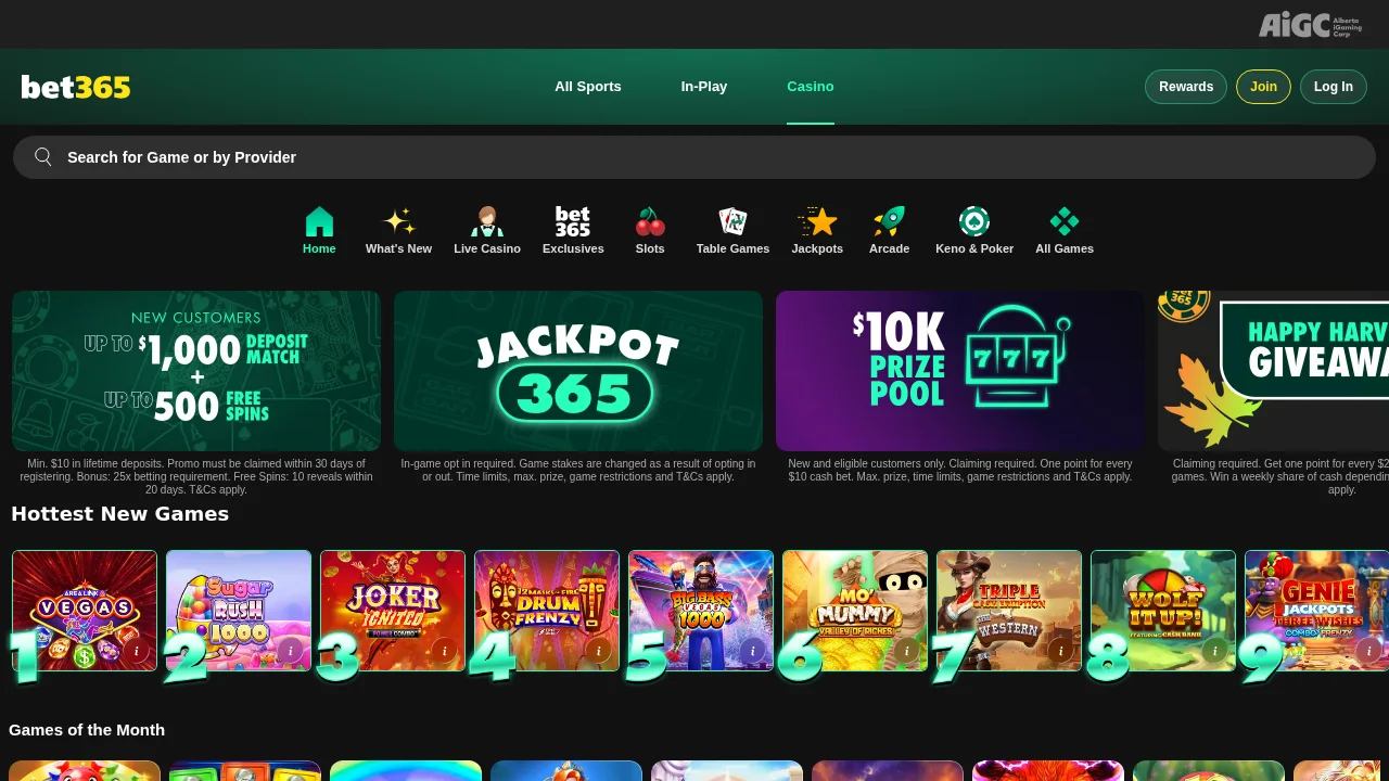 Top of the Bet365 Casino Alberta homepage with logo and hero banner