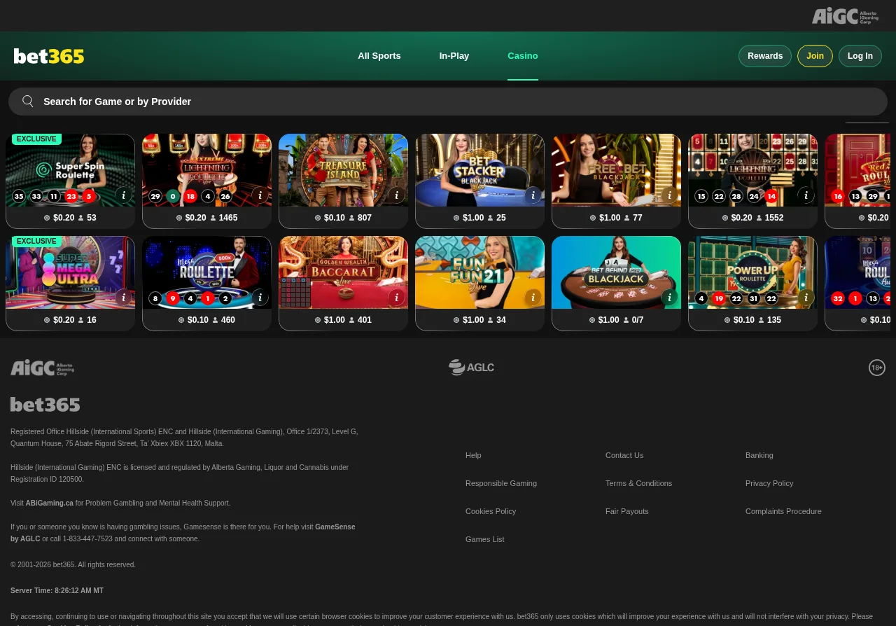 Bet365 Casino live casino section