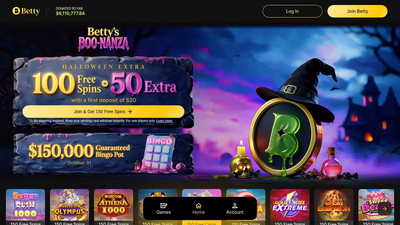 Betty Casino homepage header with logo and hero banner