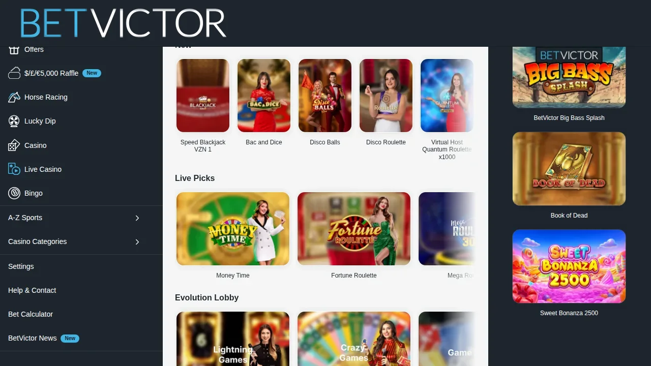BetVictor live dealer tables seen on the Alberta site