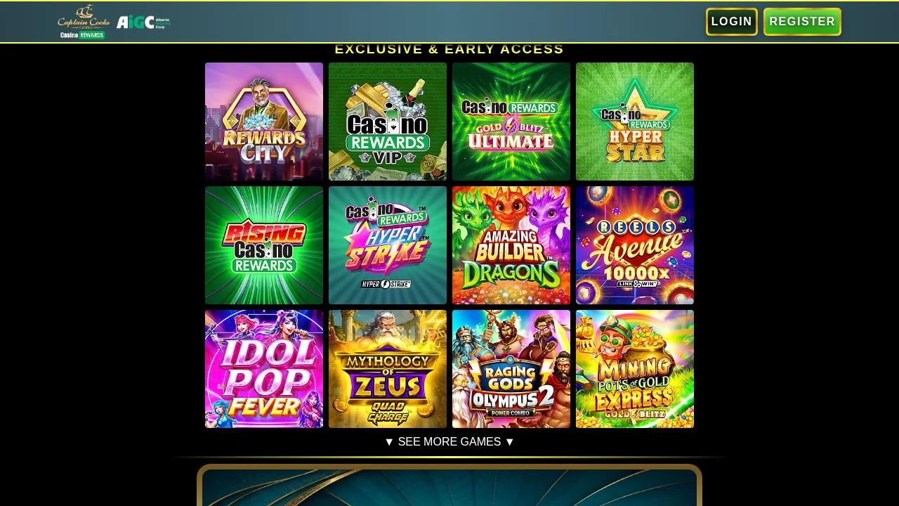 Captain Cooks Casino homepage seen on the Alberta site
