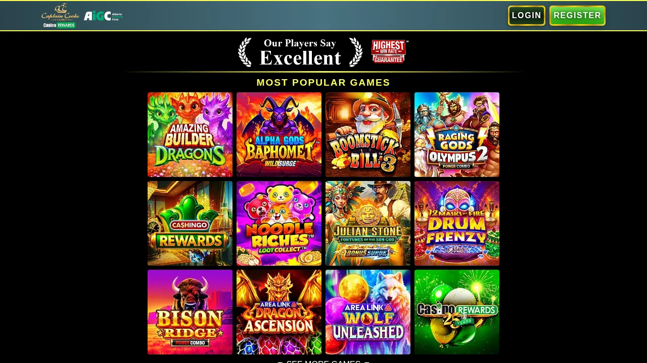 Captain Cooks Casino homepage as it appears to Alberta players