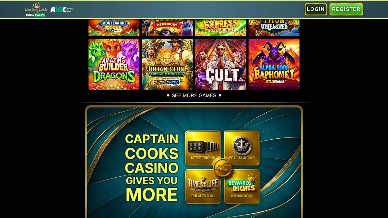 Captain Cooks Casino homepage seen on the Alberta site