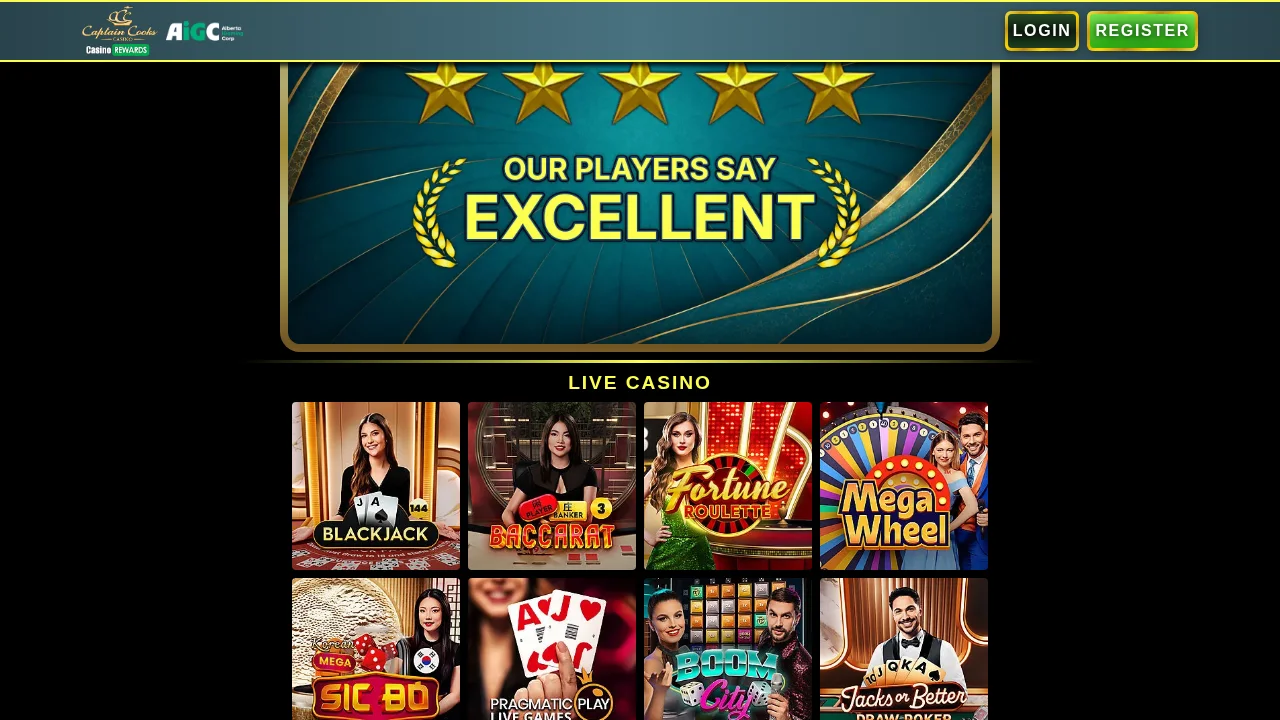 Captain Cooks Casino homepage as it appears to Alberta players