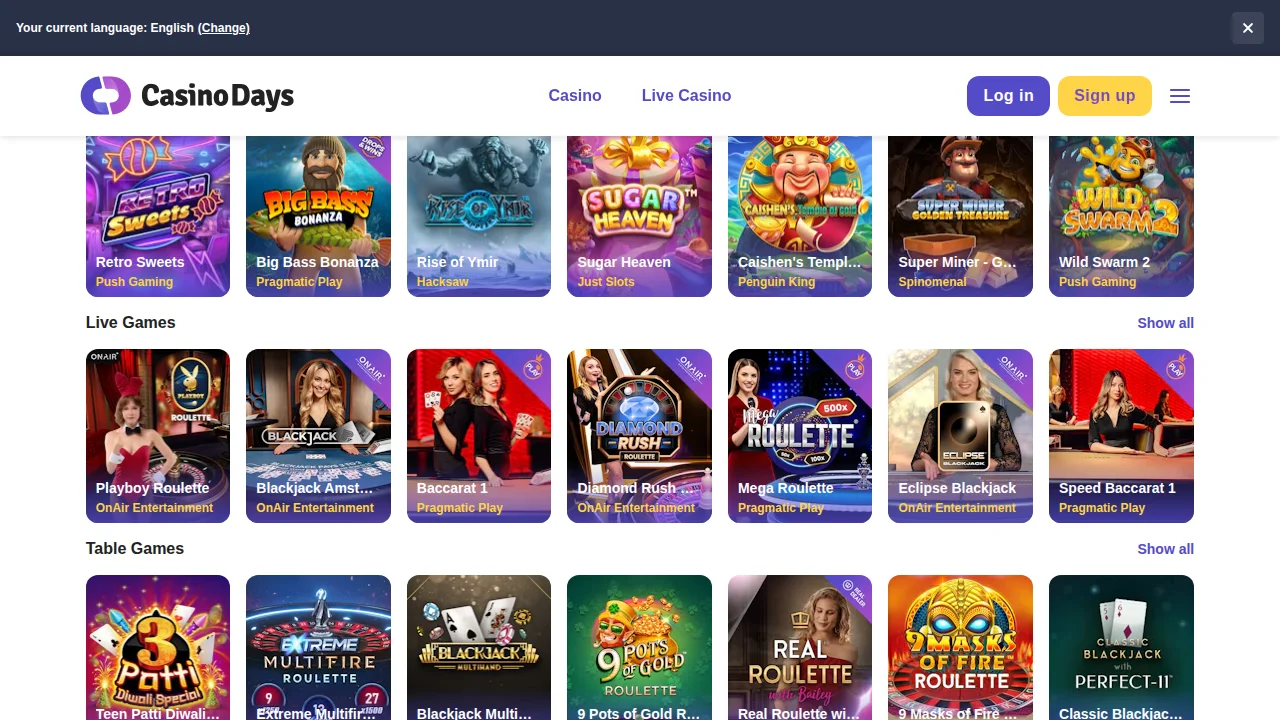 CasinoDays homepage seen on the Alberta site