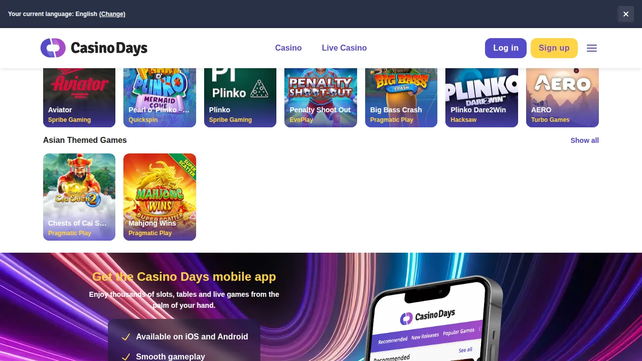 CasinoDays homepage as it appears to Alberta players