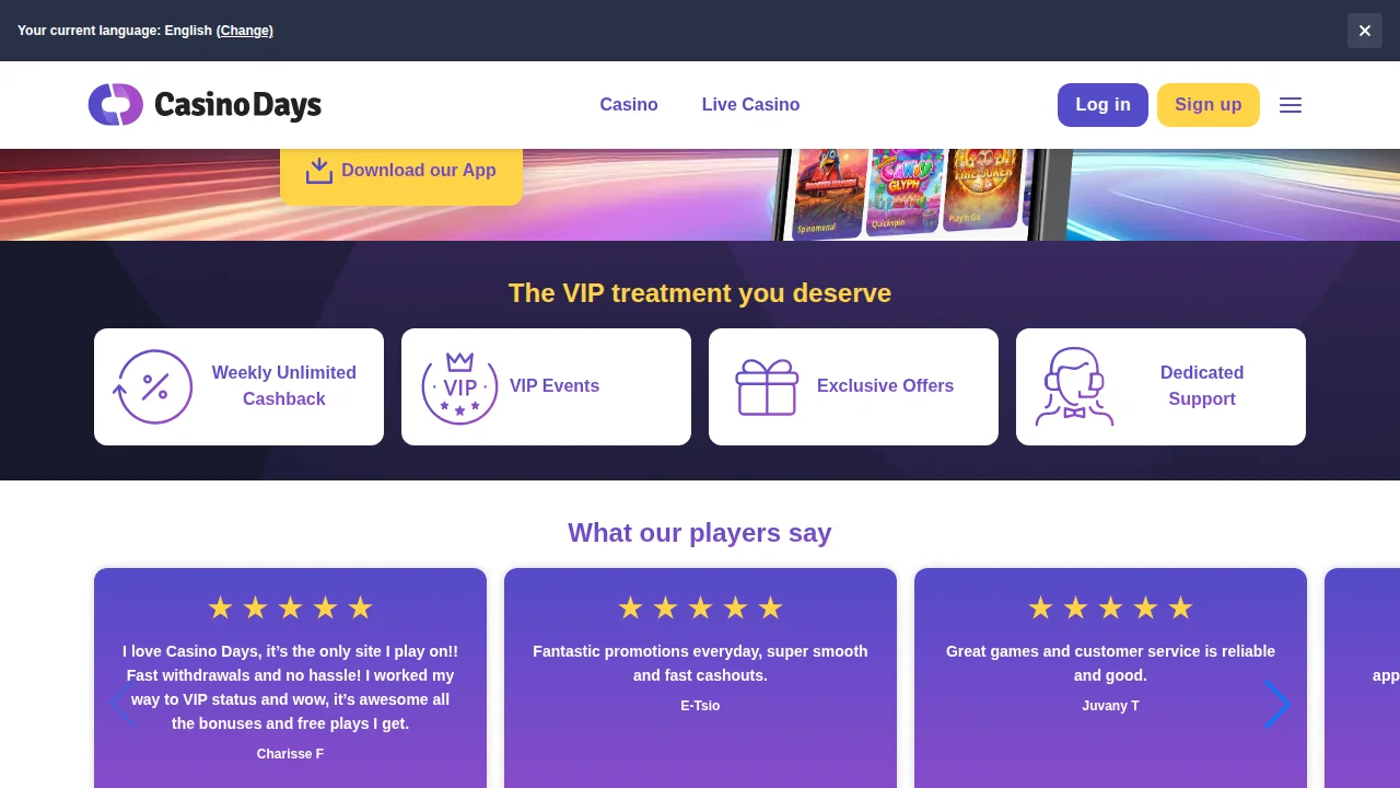 CasinoDays homepage on the desktop site