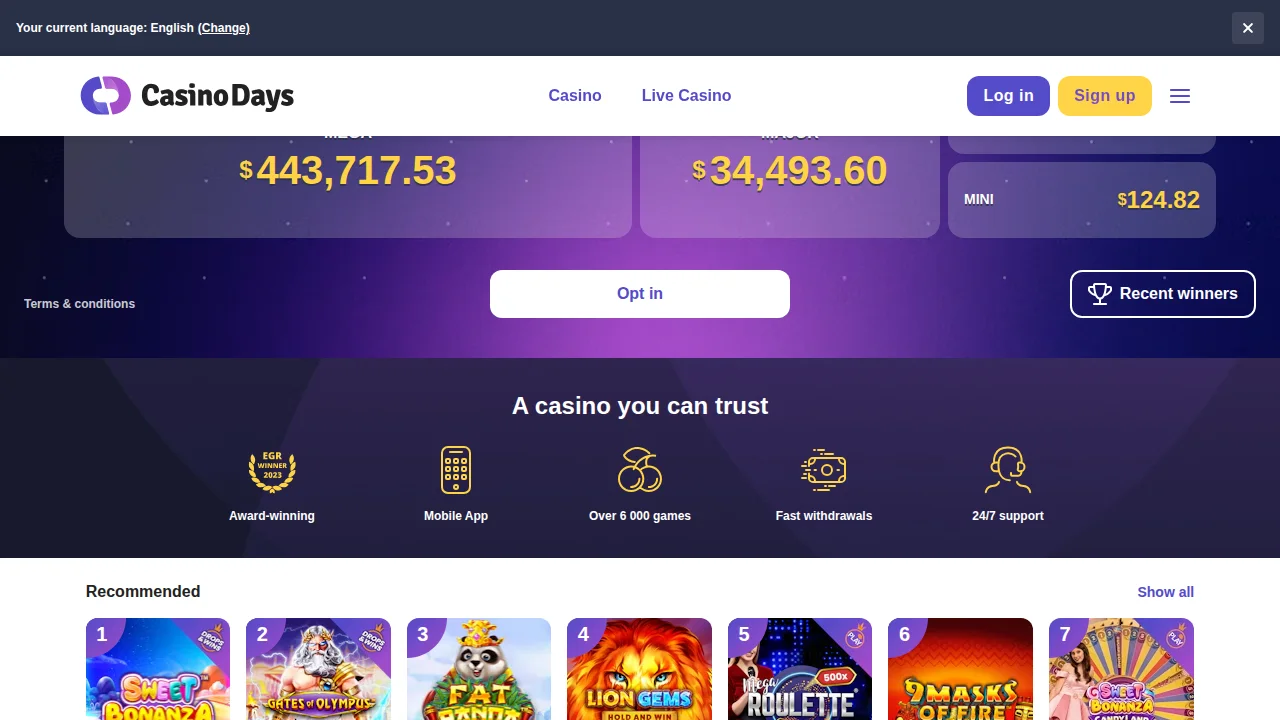 CasinoDays homepage seen on the Alberta site