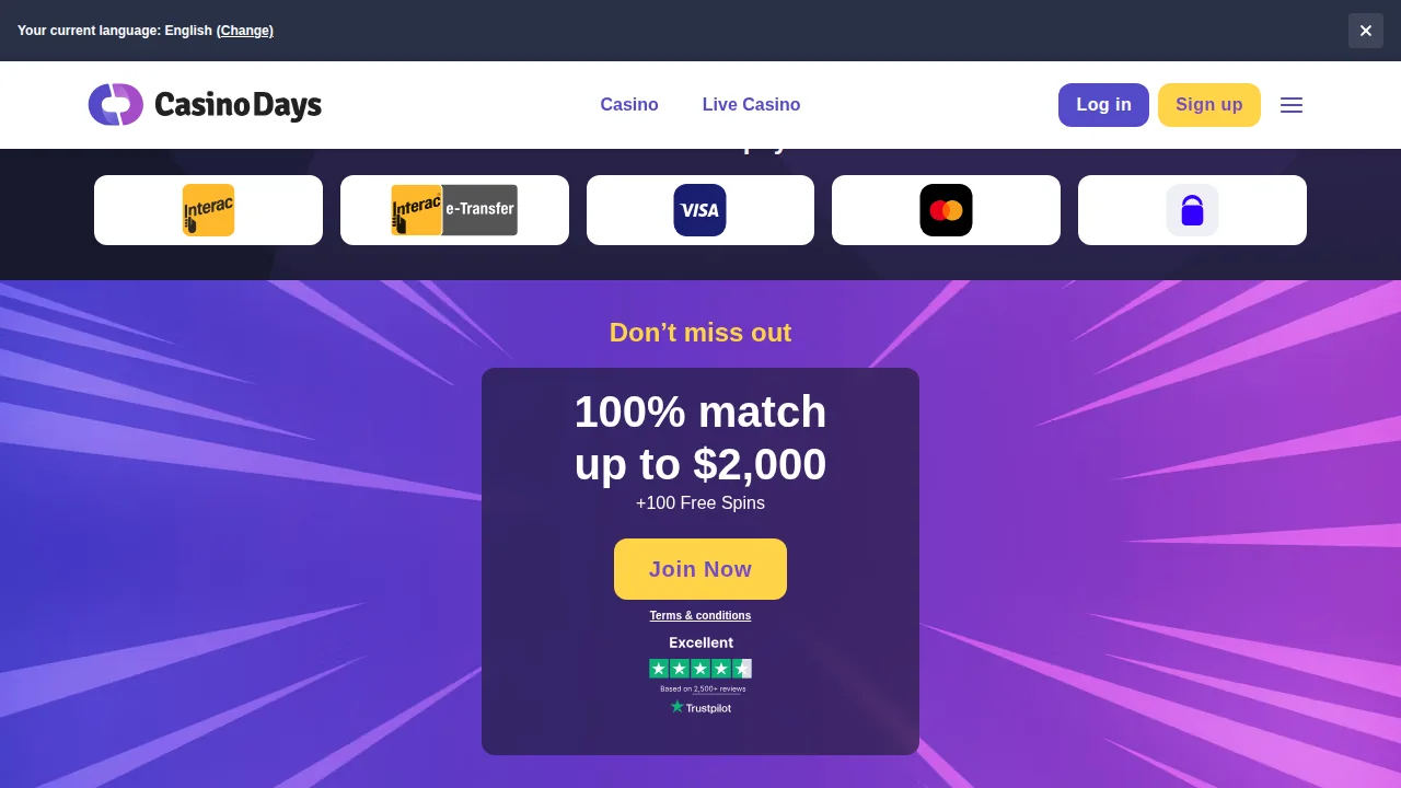 CasinoDays homepage as it appears to Alberta players