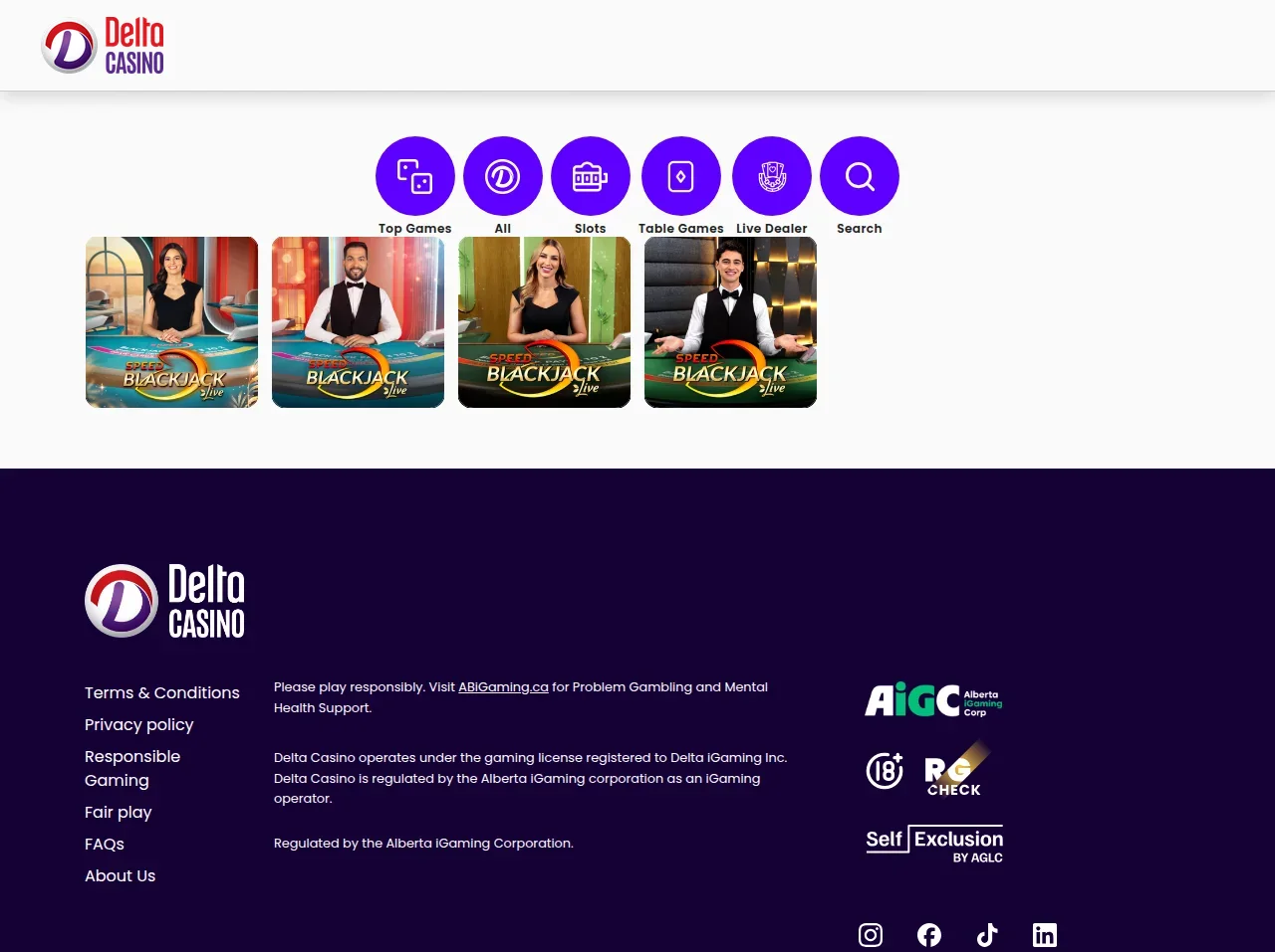 Delta Casino live dealer tables seen on the Alberta site