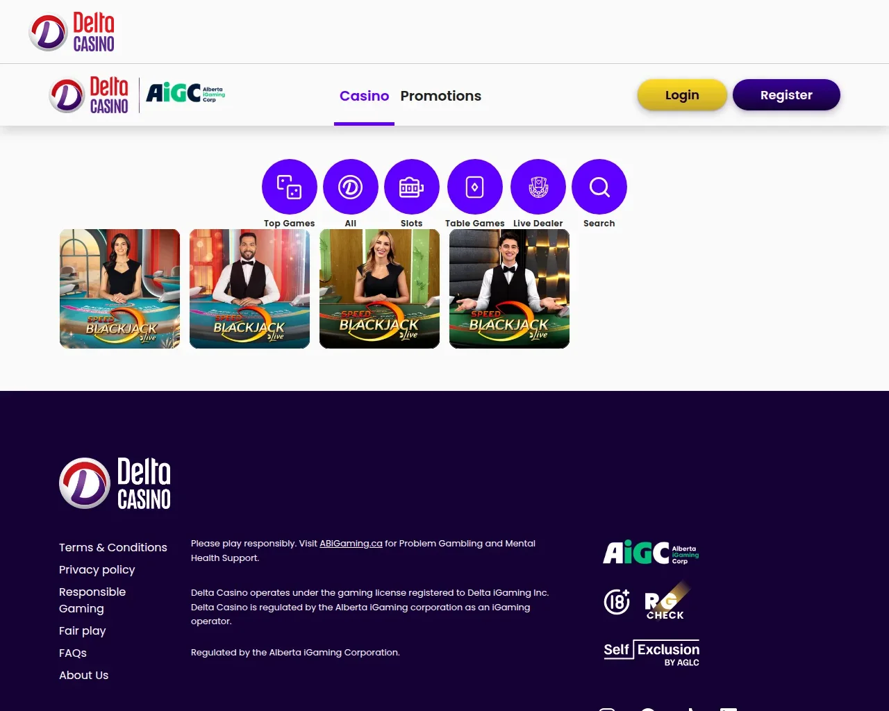 Delta Casino live dealer tables seen on the Alberta site
