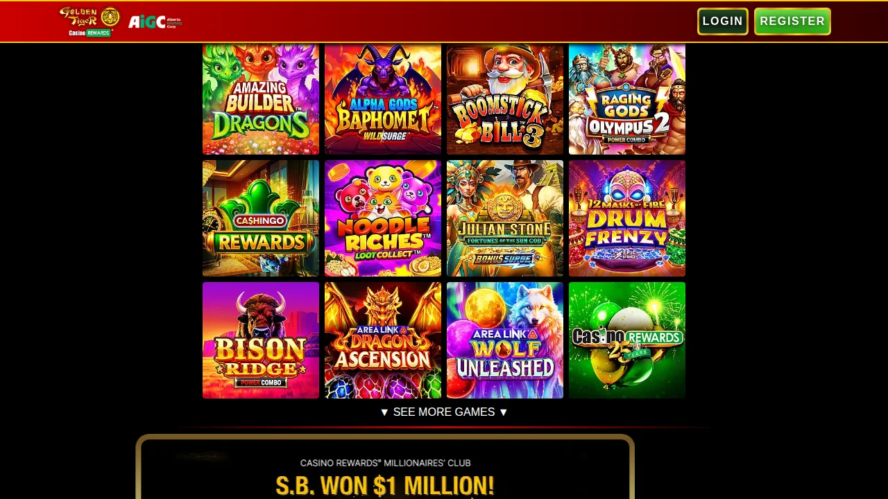 Golden Tiger Casino homepage seen on the Alberta site