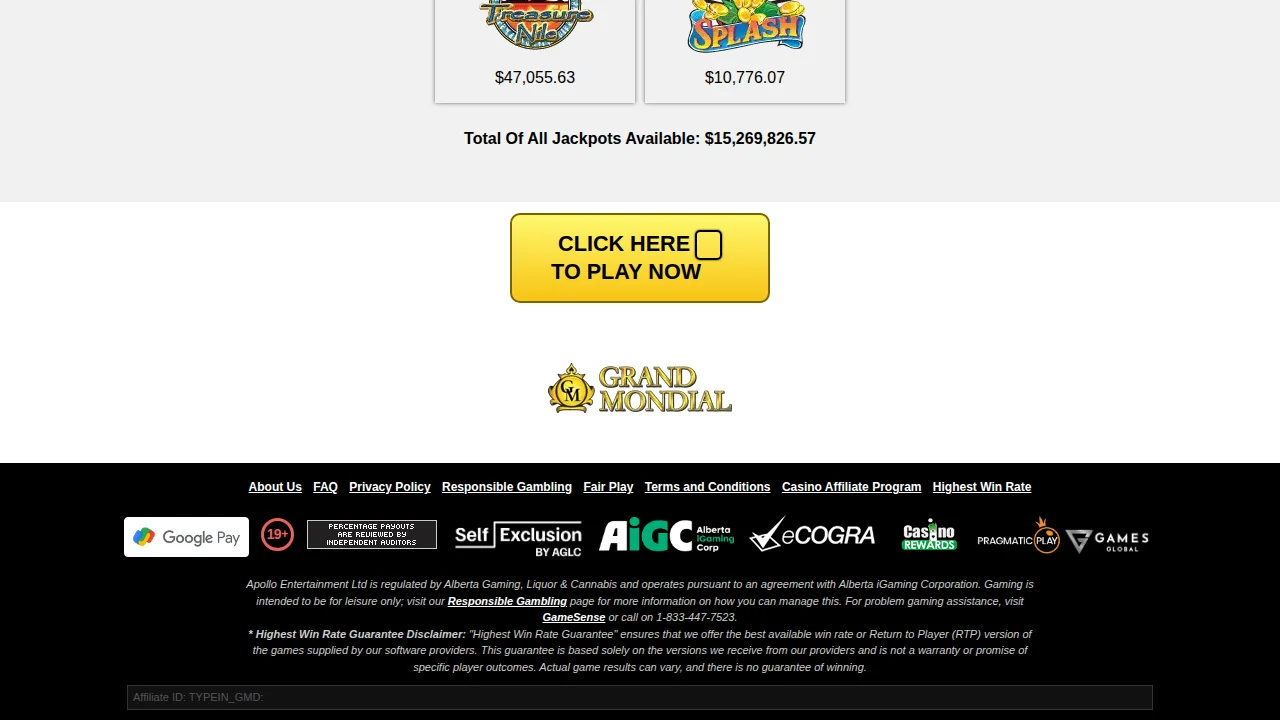 Grand Mondial casino games lobby on the desktop site