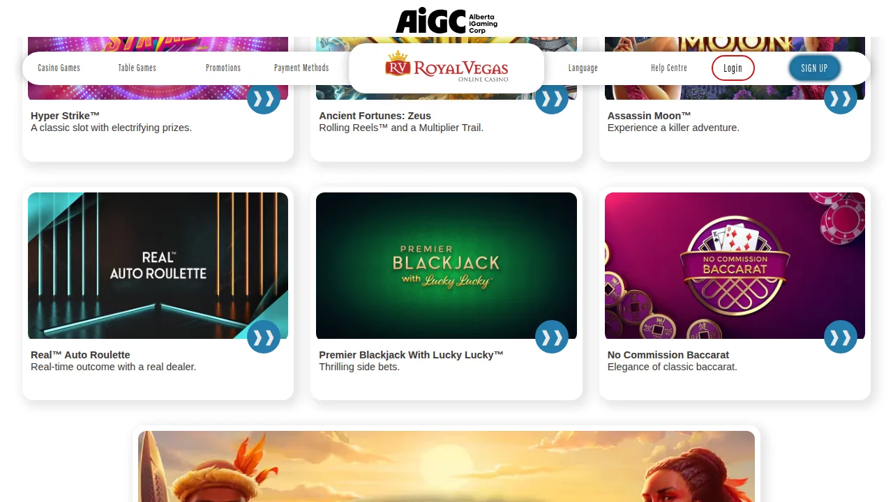 Royal Vegas homepage seen on the Alberta site
