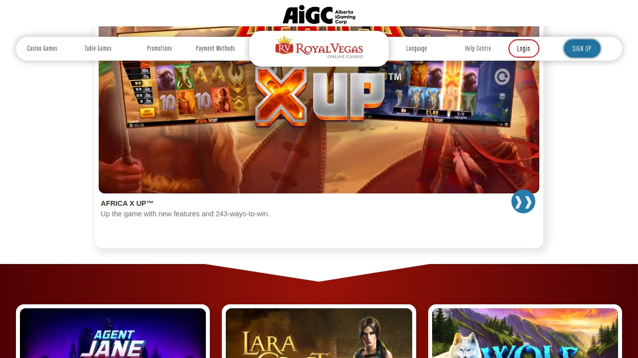 Royal Vegas homepage as it appears to Alberta players