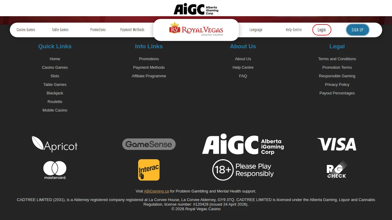 Royal Vegas homepage on the desktop site