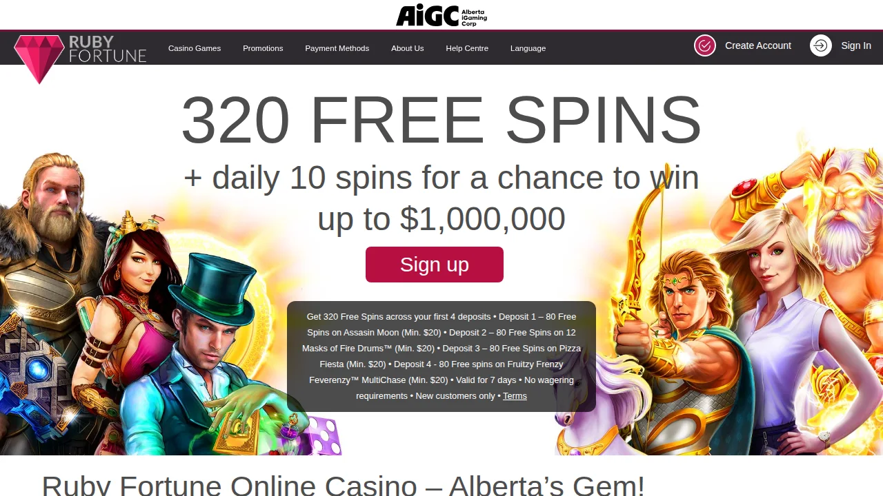 Ruby Fortune homepage seen on the Alberta site