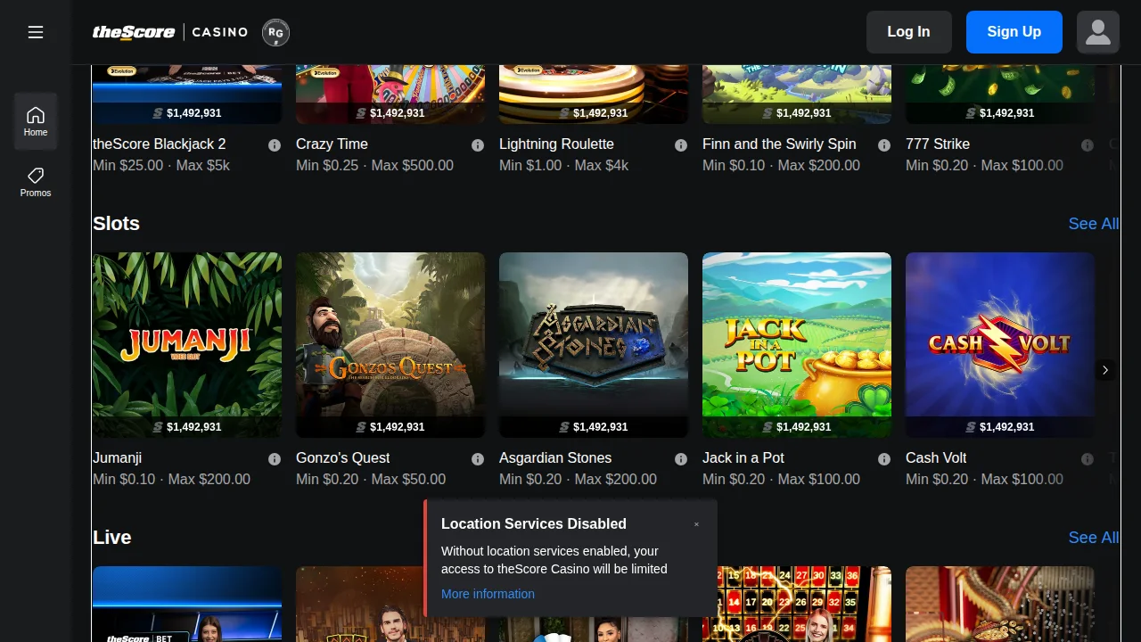 theScore Casino homepage seen on the Alberta site