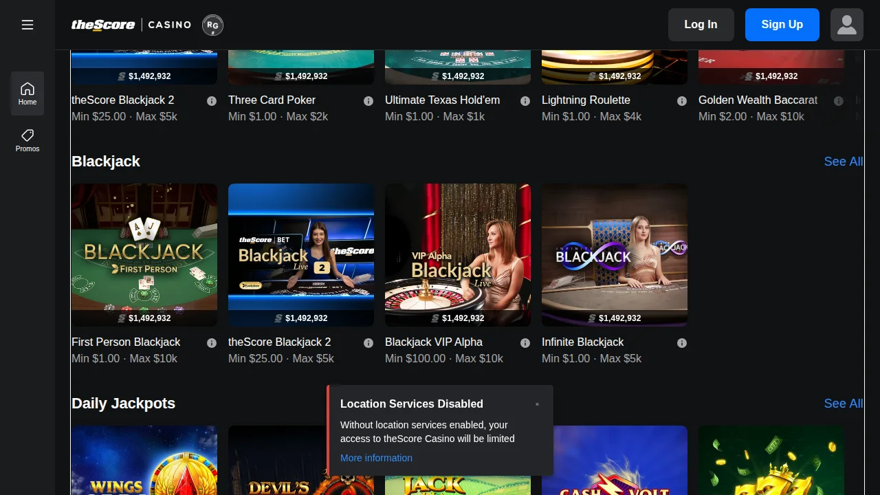 theScore Casino homepage as it appears to Alberta players