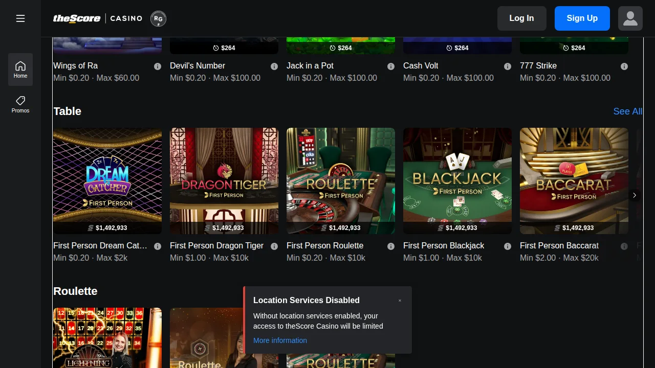 theScore Casino homepage on the desktop site
