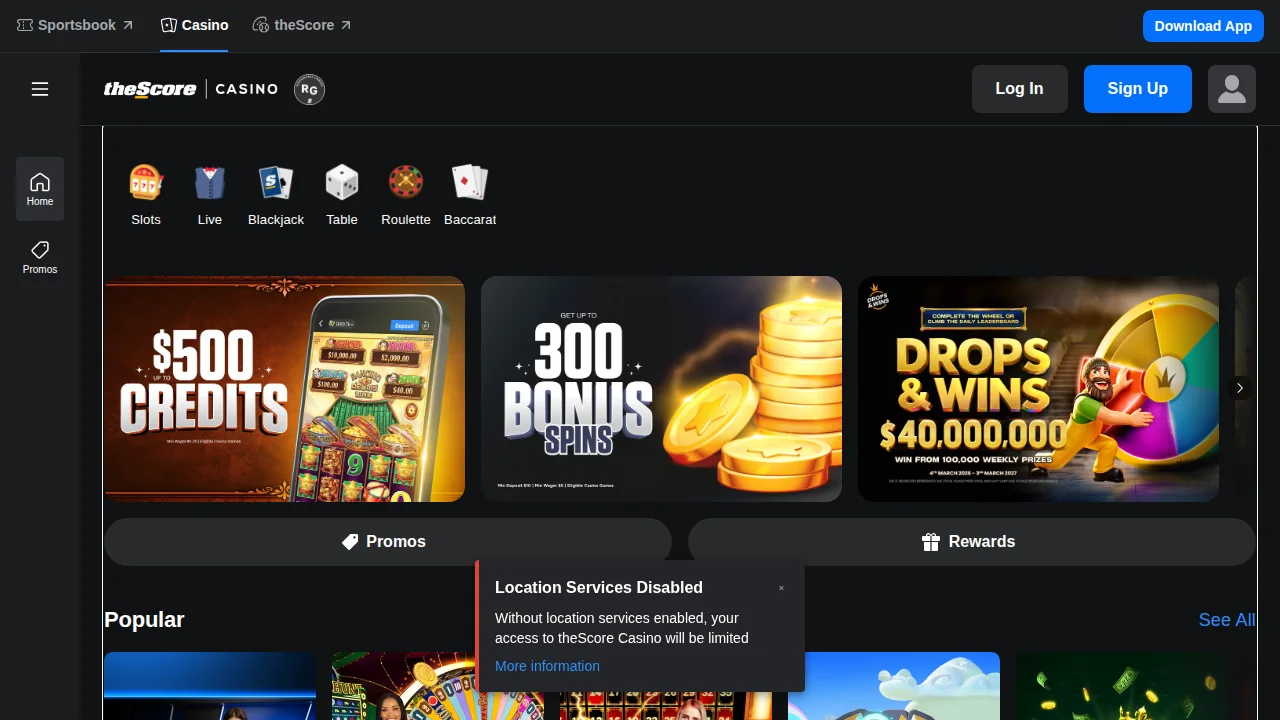 theScore Casino homepage seen on the Alberta site
