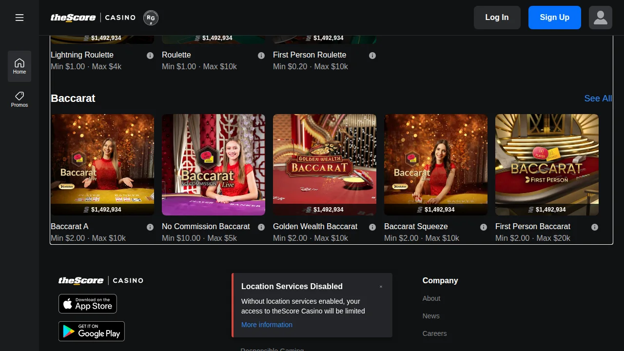 theScore Casino homepage as it appears to Alberta players