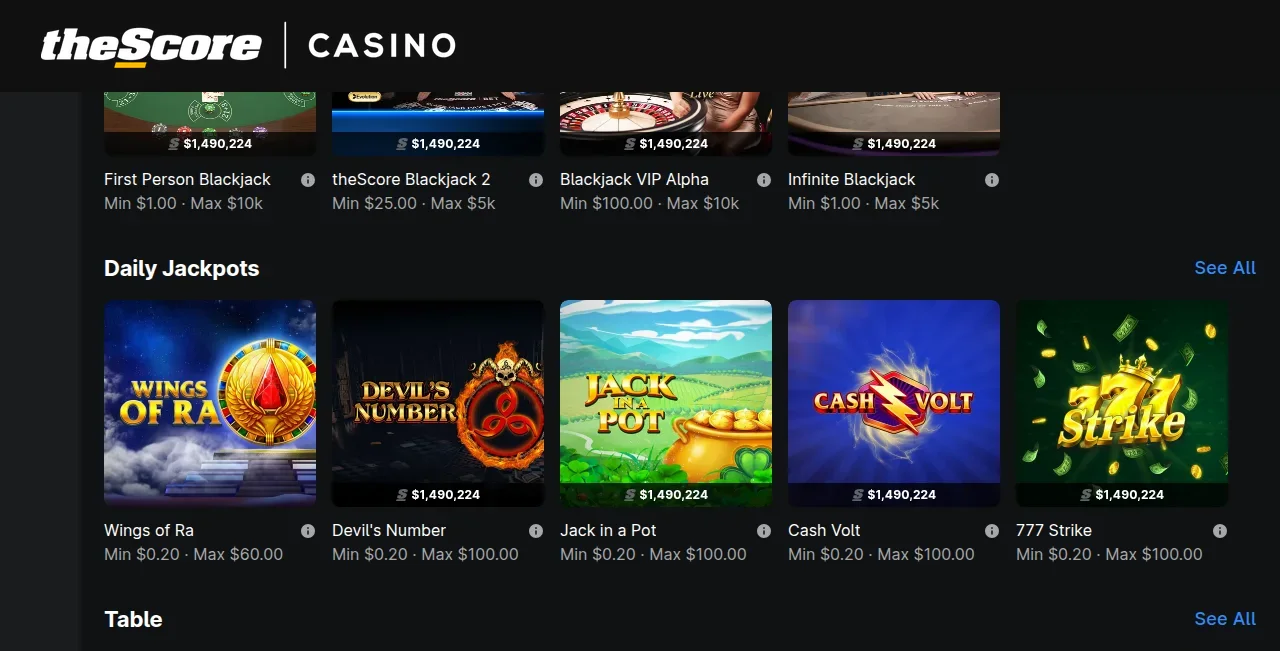 theScore Casino game category screen on a mobile phone