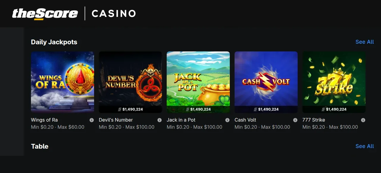 theScore Casino table games section with live dealer options