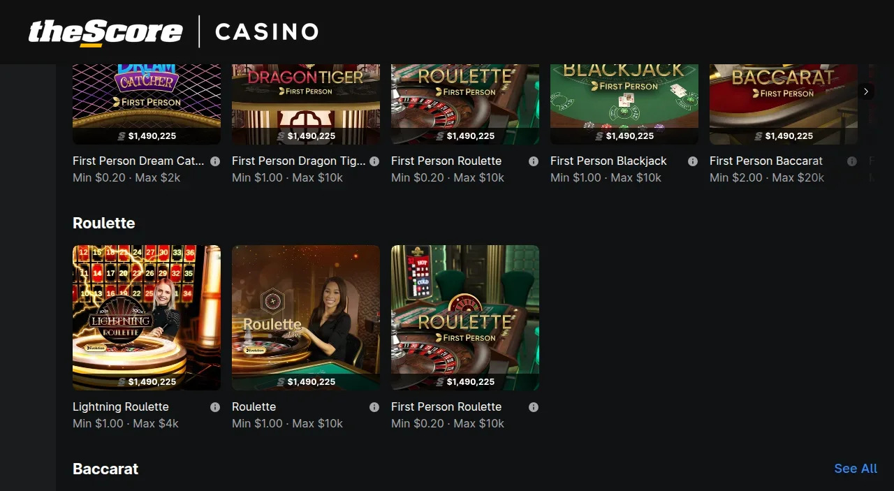 theScore Casino mobile interface showing table game categories