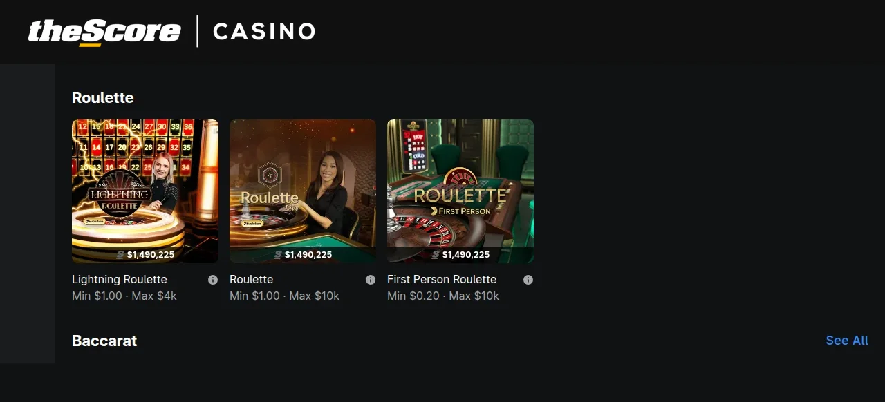 theScore Casino account area showing responsible gambling and account settings
