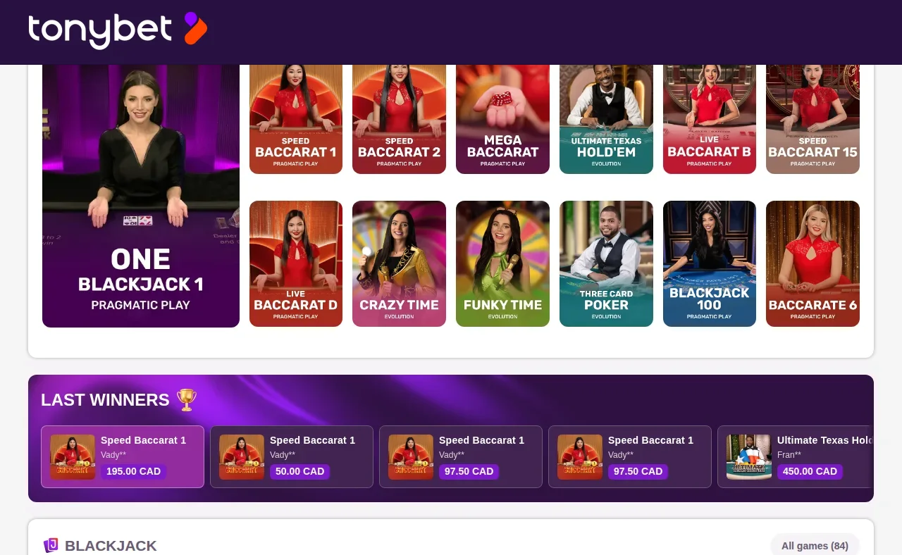 TonyBet live dealer tables seen on the Alberta site
