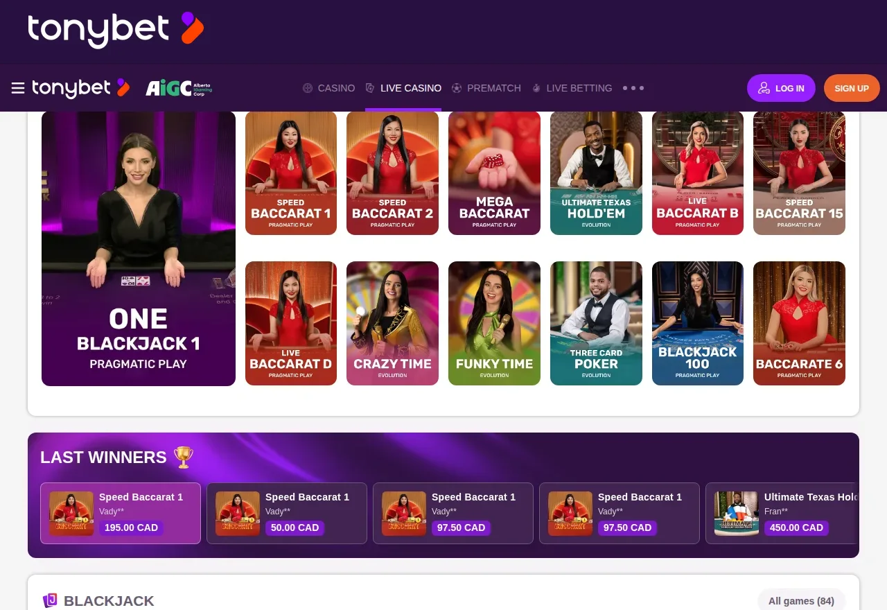TonyBet live dealer tables seen on the Alberta site